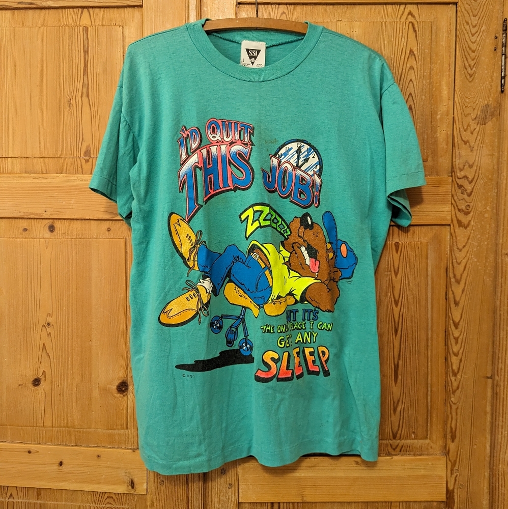 Vintage Neon Funny Joke T-Shirt Large Sleeping On The Job